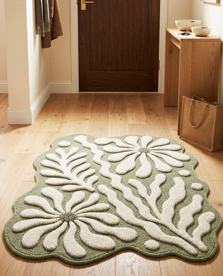 Irregular Sage Green Hand Tufted Rug | Abstract Botanical Wool Carpet | Scandinavian Organic Shape