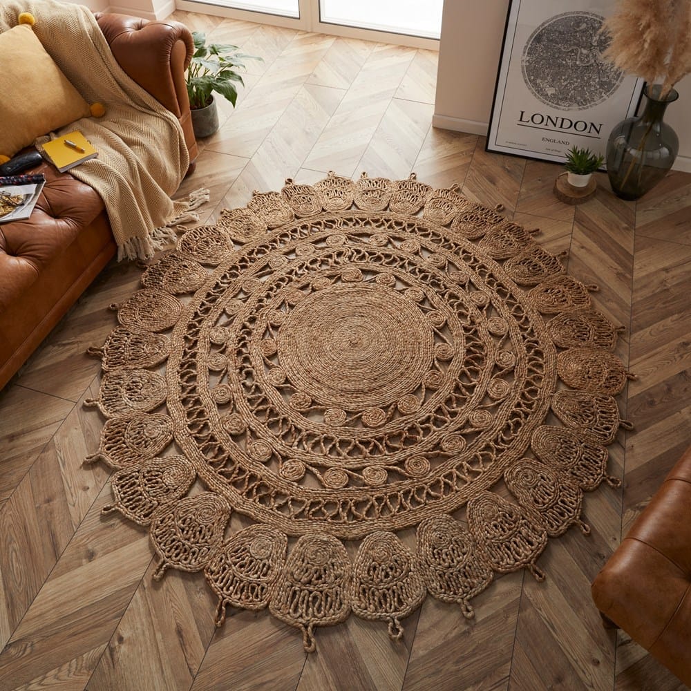 Bohoeden Jute Round Natural Rug For Living Room, Bedroom