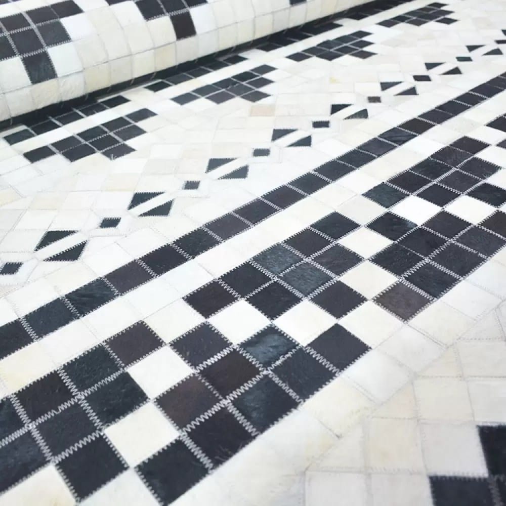 Black White Fusion Grid Leather Handmade Rug For Living Room