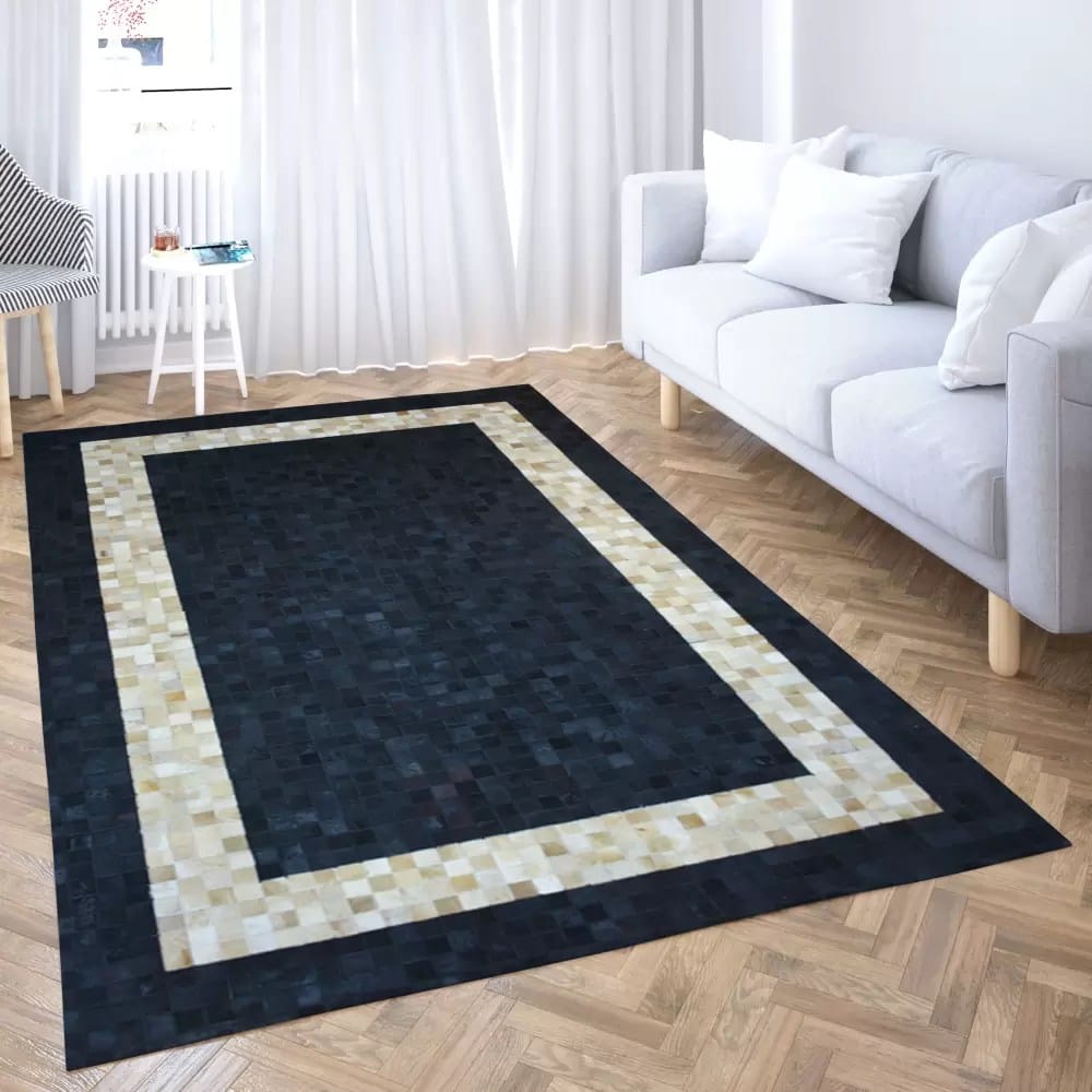 Black Geometric Square Patchwork Leather Handmade Rug