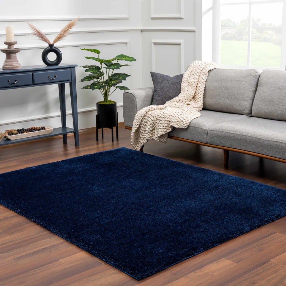 Blue Solid Handmade Shag Rug