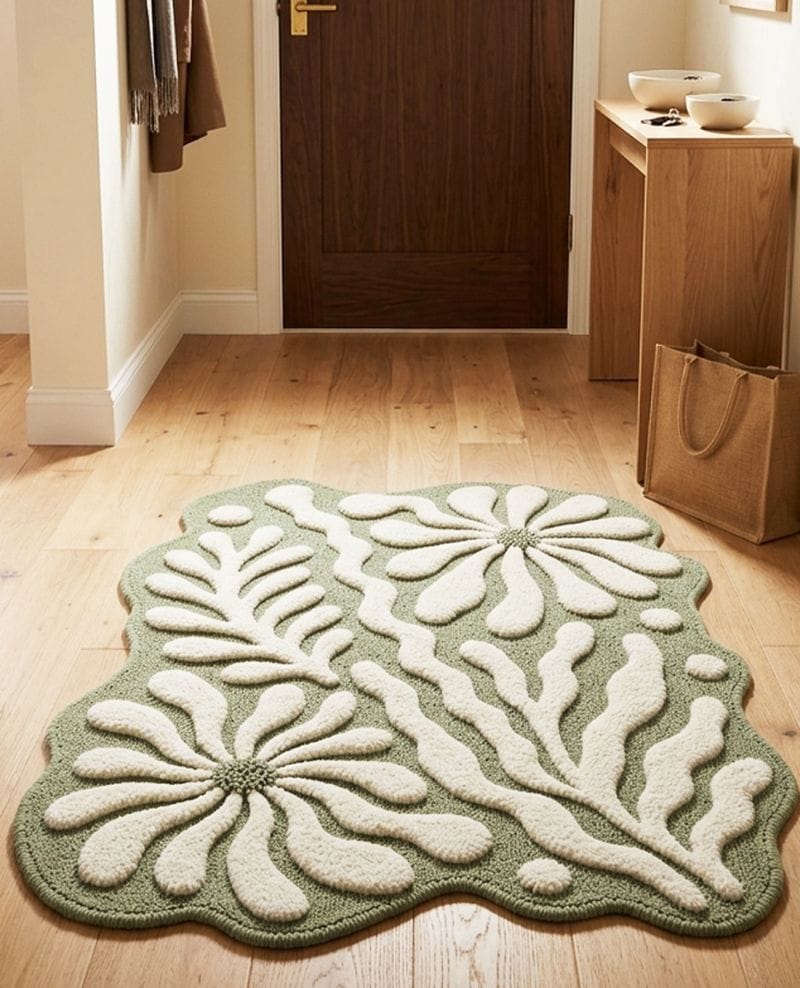 Irregular Sage Green Hand Tufted Rug | Abstract Botanical Wool Carpet | Scandinavian Organic Shape