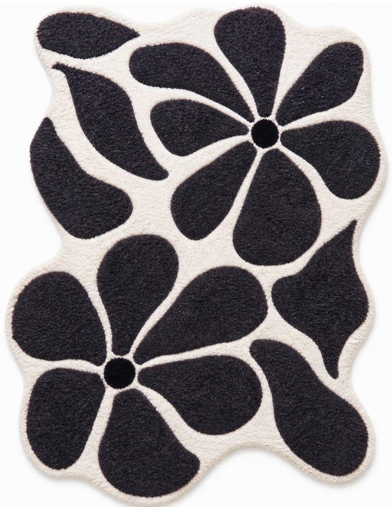 Handtufted Uneven Abstract Floral Living Decor Rug | Black White Scandinavian Plush Carpet 6x9