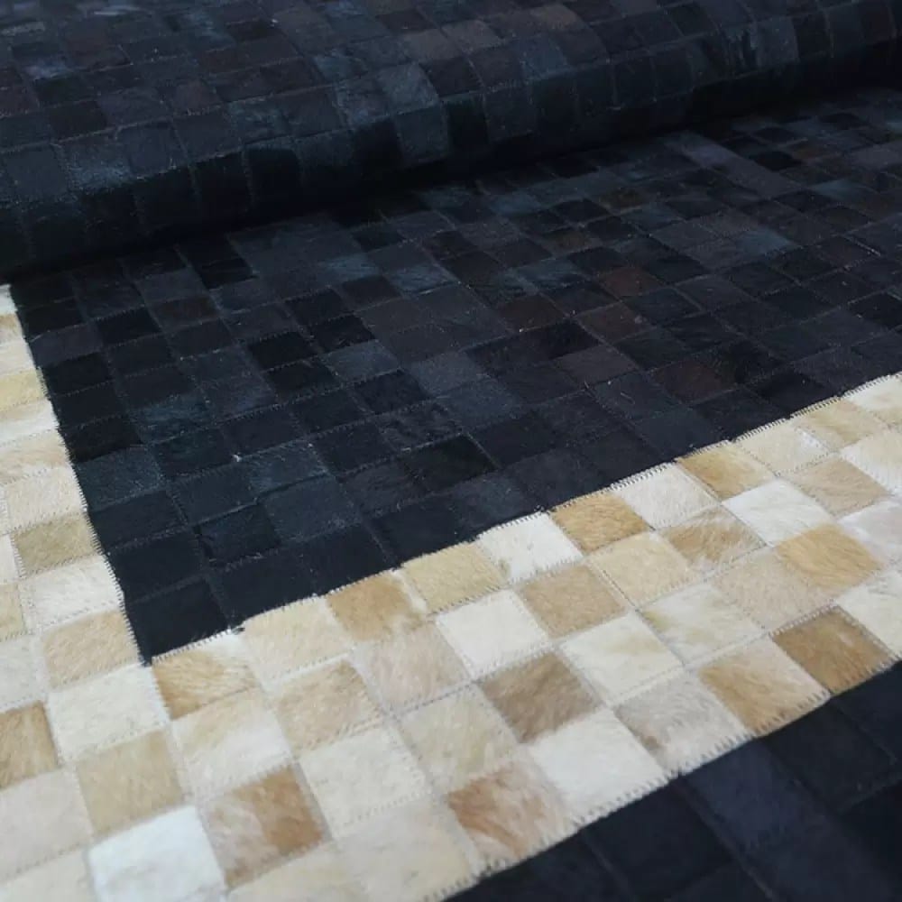 Black Geometric Square Patchwork Leather Handmade Rug