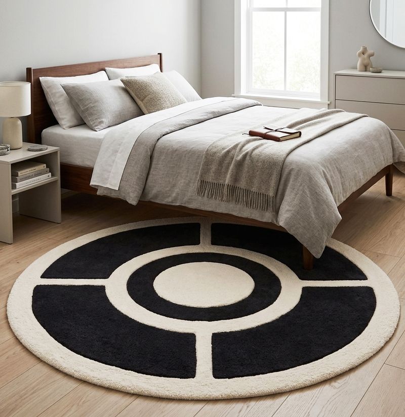 Contemporary Circular Hand Tufted Geometric 5x5 Rug | Black Ivory Modern Living Room Carpet